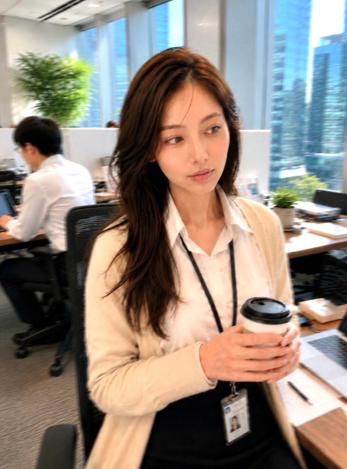 A professional woman with long brown hair holding a coffee cup in a bright modern office with city views.