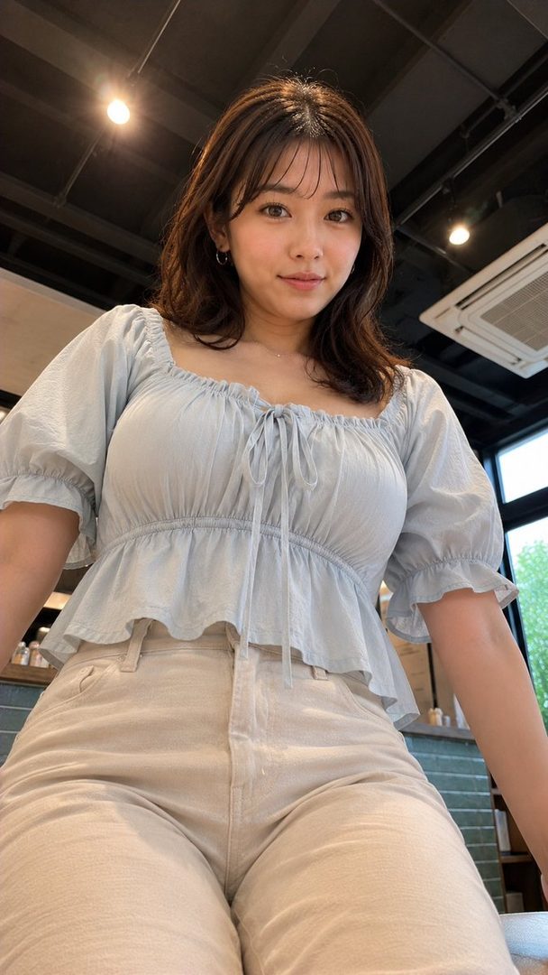 A young woman with brown hair and a light blue peasant top sits in a cafe, looking up at the camera.