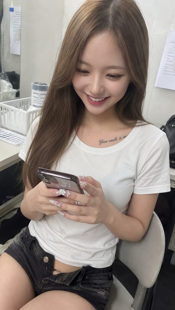 A young East Asian woman with long brown hair smiles while checking her smartphone in a casual indoor setting.