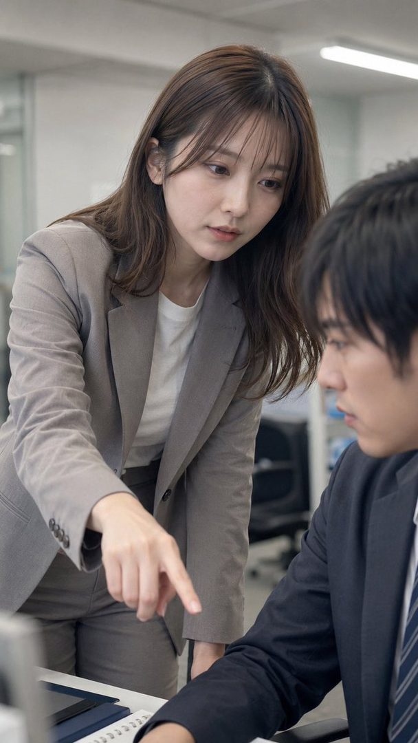 Professional woman in a gray suit leaning forward to point at documents while advising a male colleague in a modern office.
