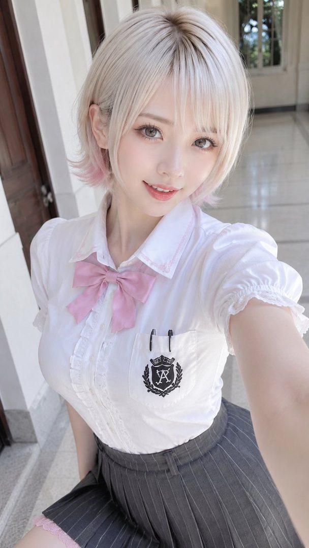 Young woman with short blonde and pink hair taking a cute selfie indoors while wearing a white blouse with pink bow and gray pleated skirt.