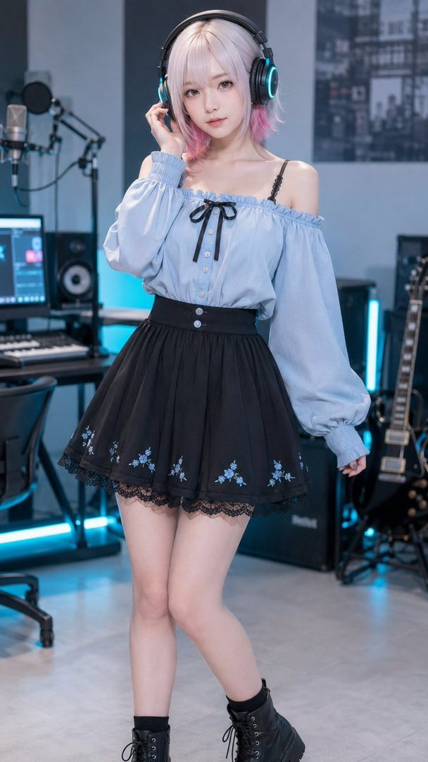 Young woman with pink hair and headphones posing in a music studio wearing an off-shoulder blue blouse and black lace-trimmed skirt.