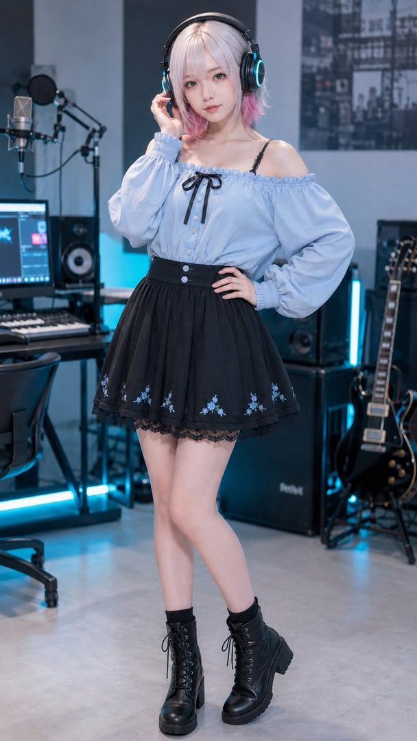 Young woman with pastel silver-pink hair wearing headphones and an off-shoulder blue blouse in a music studio.