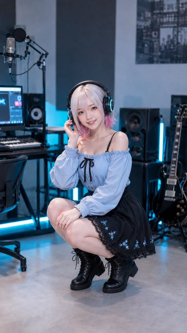 A young woman with pastel pink and silver hair wearing headphones and squatting in a modern music recording studio.