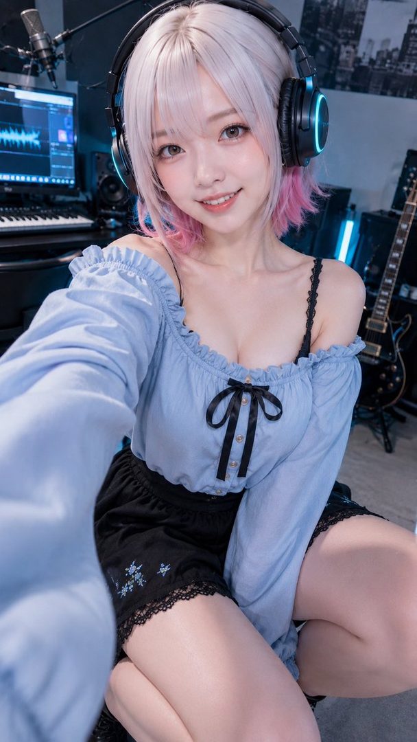 Young woman with silver-pink hair taking a selfie in a music studio while wearing headphones and a light blue off-shoulder blouse.