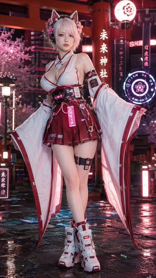 Silver-haired woman in a futuristic cyberpunk miko cosplay outfit with cat ears posing confidently on a rainy neon-lit Japanese street at night.
