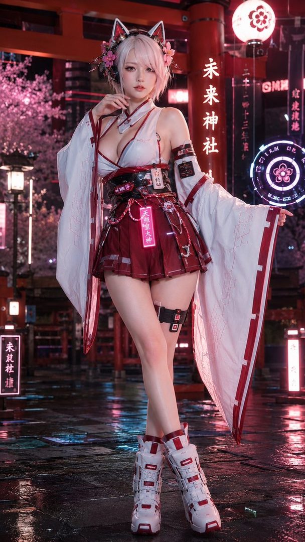 Silver-haired woman in a revealing red and white cat-eared cosplay outfit posing at night in a neon-lit Japanese street with cherry blossoms.