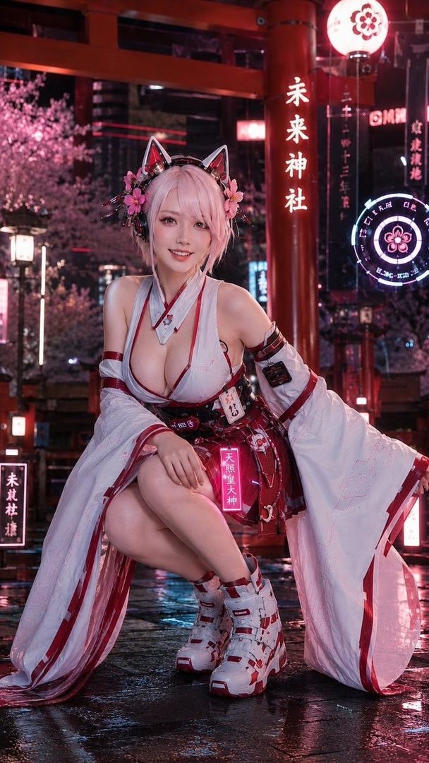 AI-generated portrait of a young woman with pink hair and fox ears wearing a revealing red and white miko-style cosplay outfit at a neon-lit Japanese shrine at night.