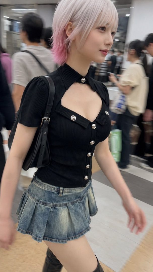 Young woman with short pink hair wearing a black cutout top and denim skirt in a busy indoor public space.