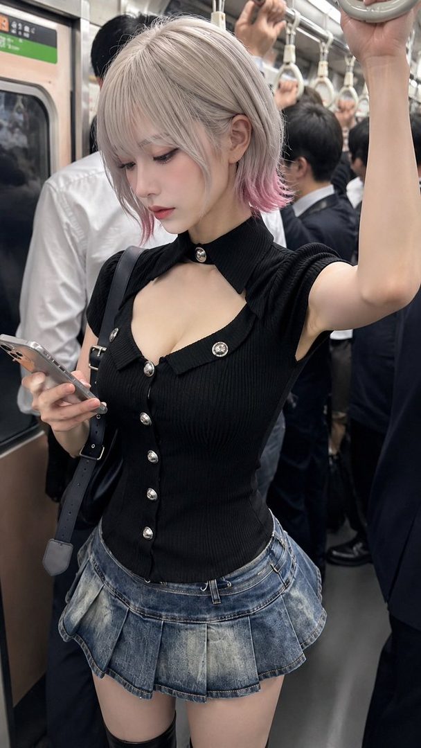 Young woman with short silver-pink hair in a revealing black top and denim skirt on a crowded train.