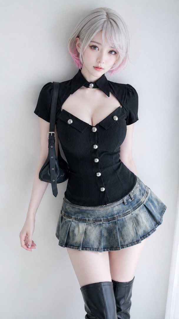 Young woman with silver-pink bob hair wearing a black cutout top and denim pleated skirt in a studio portrait.