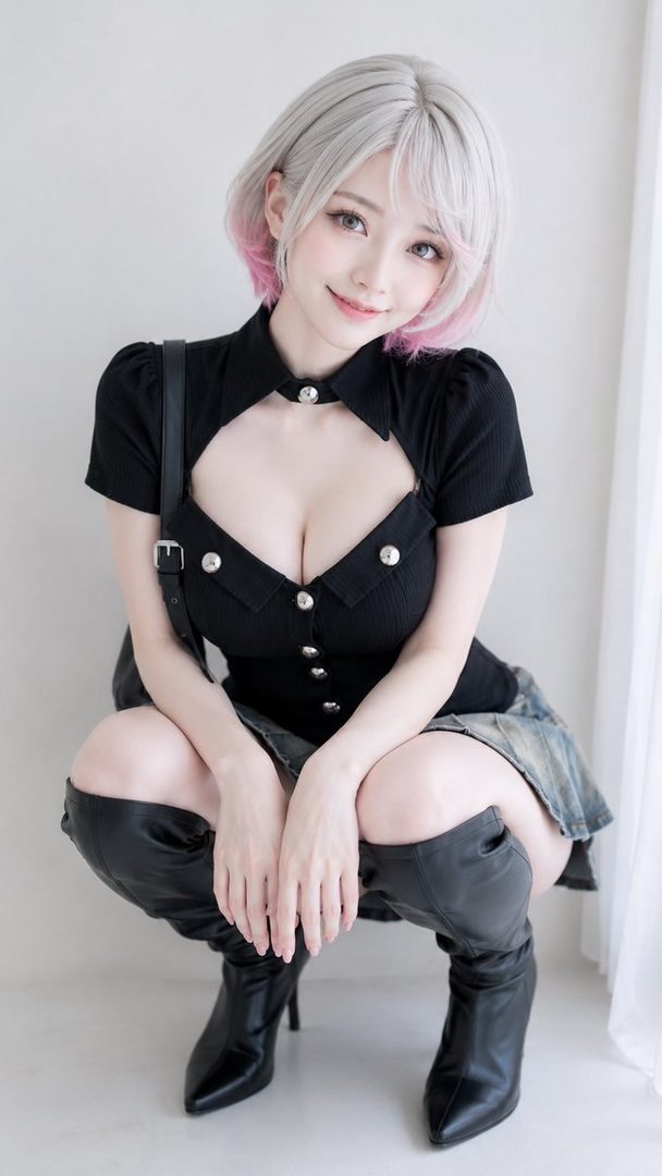 AI-generated portrait of a young woman with short silver-pink hair wearing a black cutout top and denim skirt in a studio pose.