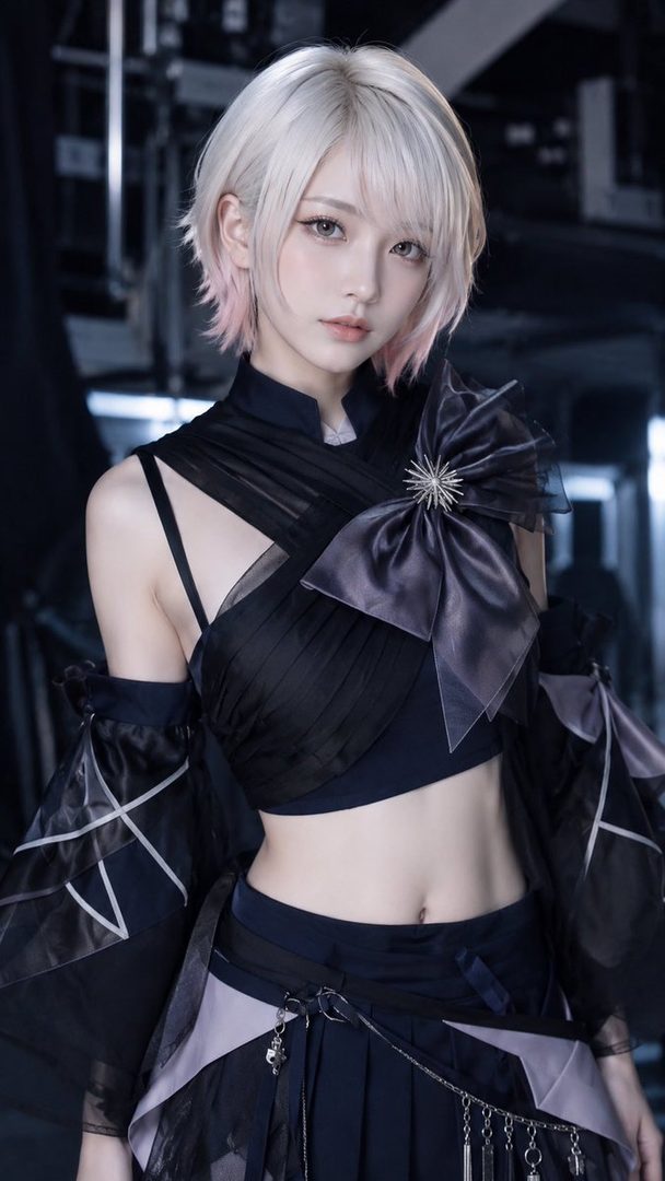 AI-generated portrait of a young woman with short silver-pink bob hair wearing an elaborate black avant-garde outfit with large satin bows in a dark futuristic indoor setting.