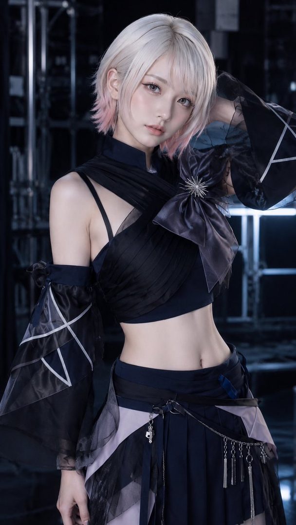 Young woman with short platinum blonde and pink hair in an elaborate black sheer cosplay outfit posing in a dark studio setting.