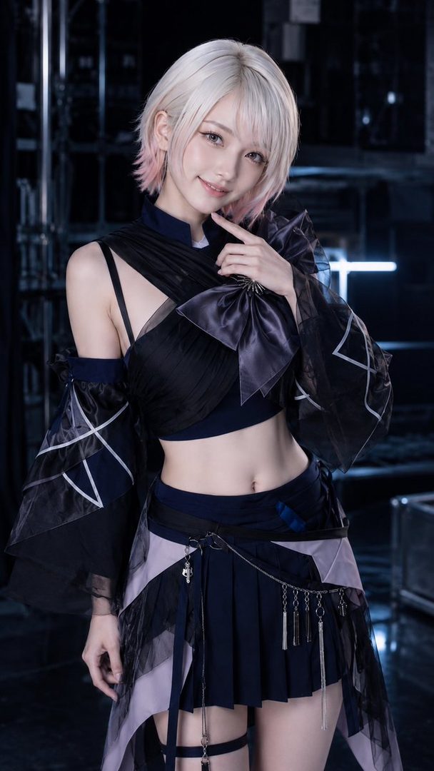 Young woman with short silver-pink hair in an elaborate black cosplay outfit posing confidently in a dark studio.
