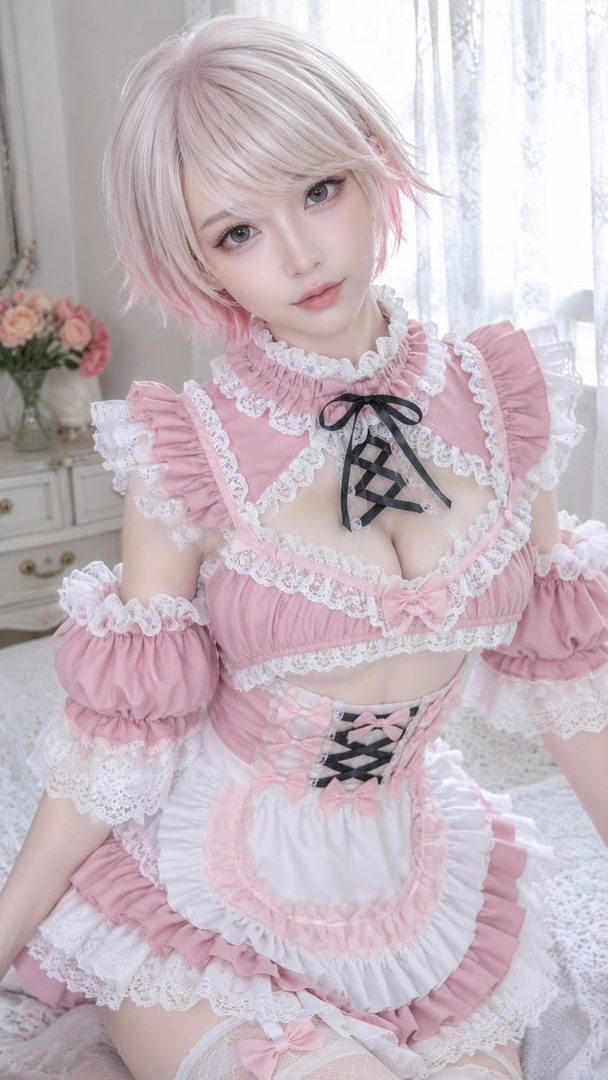 Young woman with short pink hair in a frilly pink and white lace maid costume posing indoors.