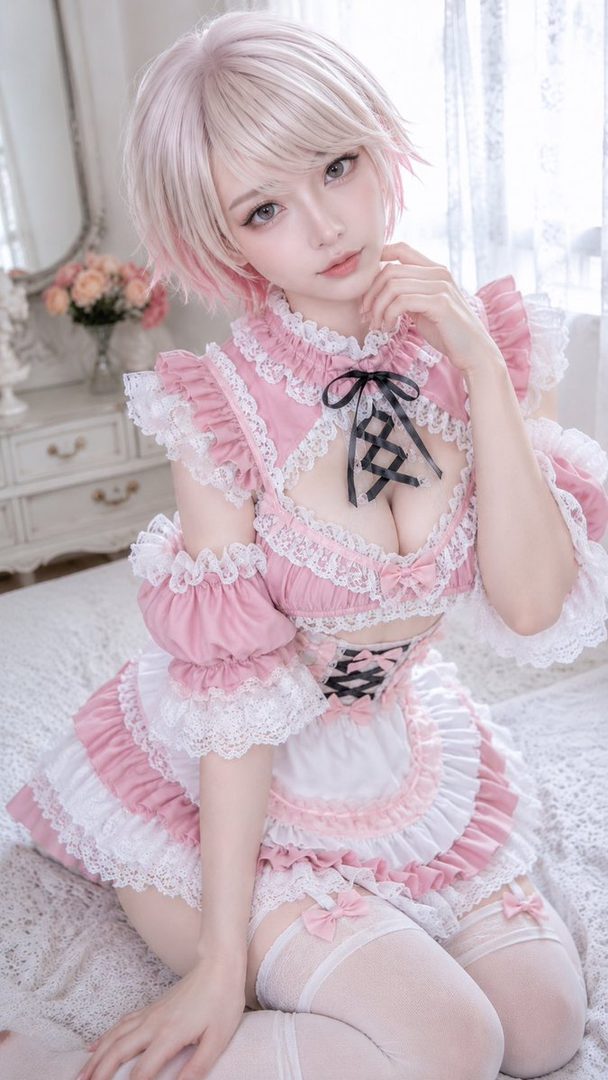 AI-generated portrait of a young woman with short pink hair wearing a frilly pink and white maid cosplay dress with lace details, seated on a bed in a bright bedroom.
