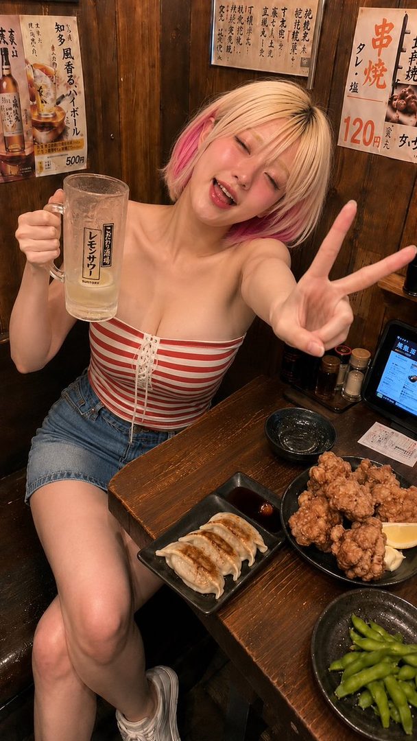 AI-generated portrait of a young woman with pink-tipped blonde bob hair making a peace sign while holding a beer mug in a Japanese izakaya.
