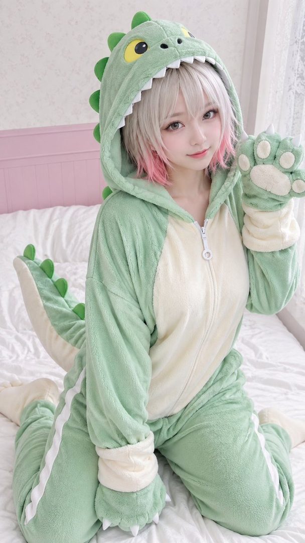 Young woman with short silver hair and pink highlights wearing a green dinosaur kigurumi onesie, kneeling on a bed in a bedroom setting.