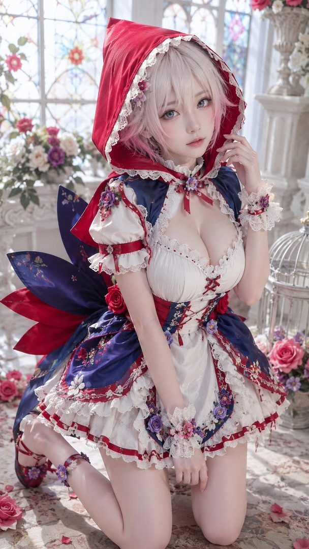 Young woman with pink hair wearing an elaborate red riding hood and blue floral cosplay dress kneeling in a bright ornate room.