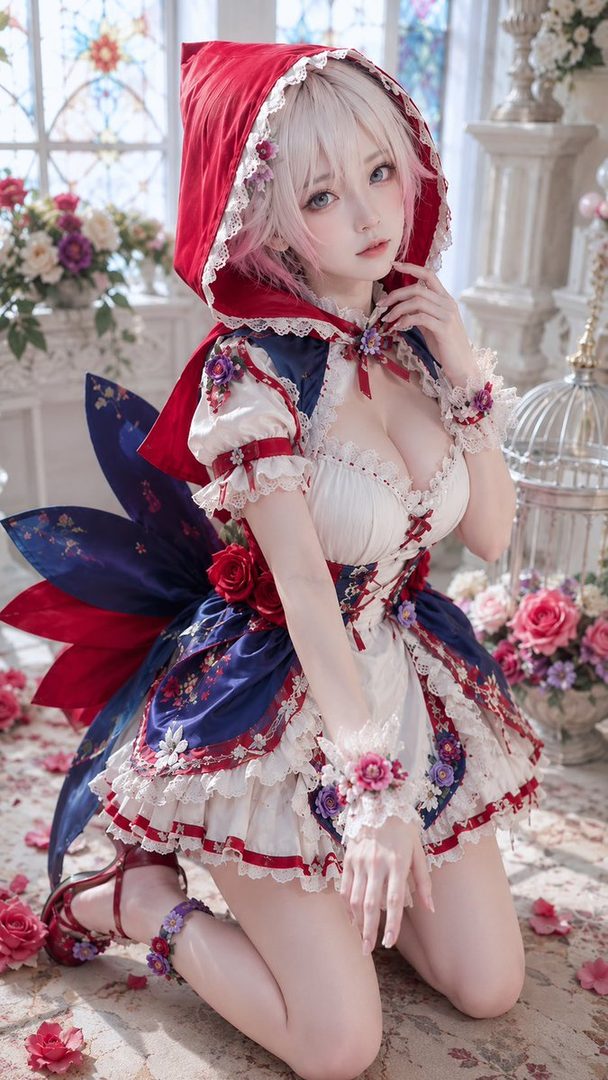 AI-generated portrait of a silver-haired woman in a frilly red and blue hooded dress kneeling among flowers in an ornate indoor setting.