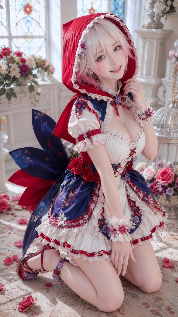 Young woman in elaborate red and blue Alice-style cosplay dress kneeling in a sunlit ornate floral room.