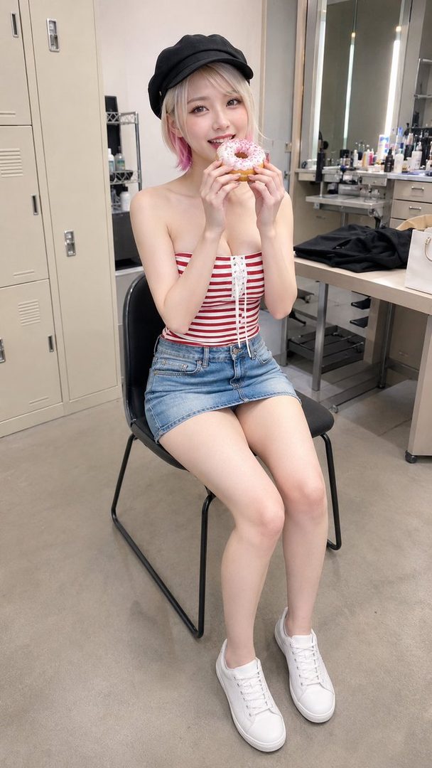 Young woman with short blonde-pink hair and black cap sitting indoors holding a donut, wearing a striped tube top and denim skirt.
