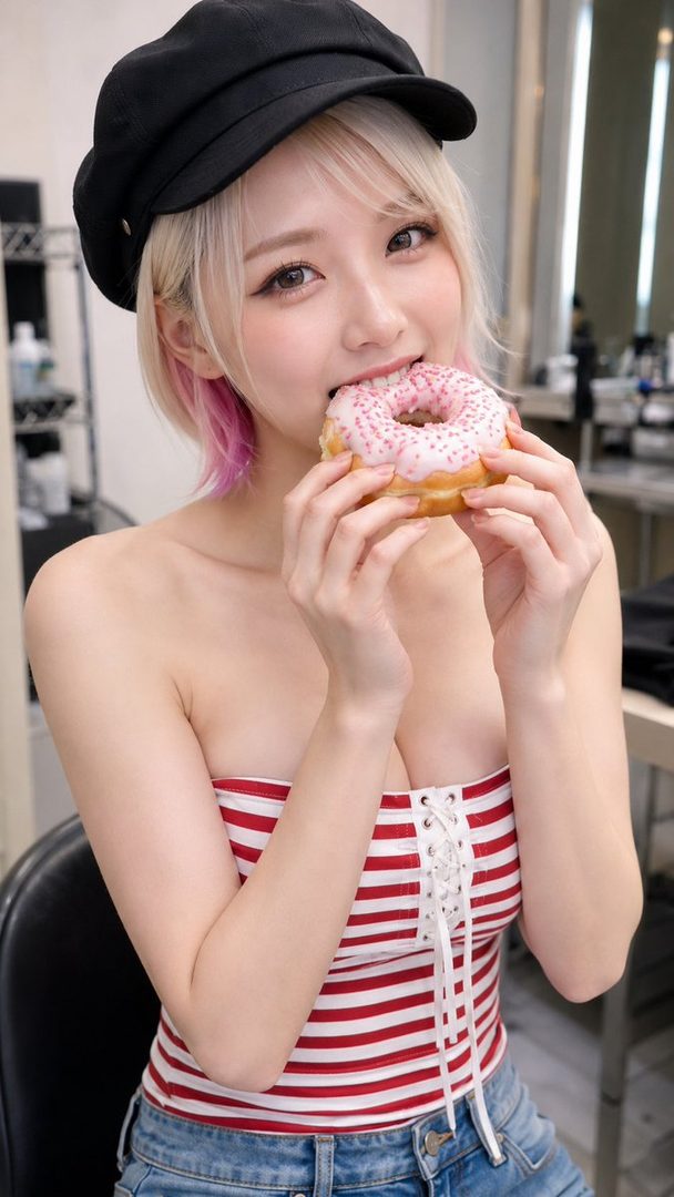 Young woman with blonde and pink hair wearing a black cap bites into a pink frosted donut in a bright indoor setting.