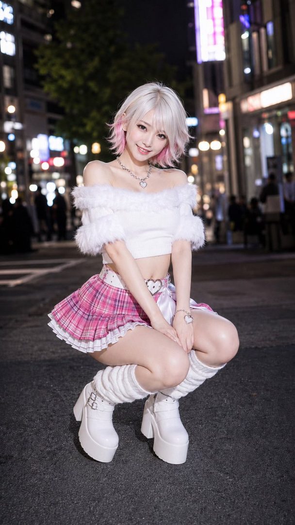 Young woman with short silver-pink hair posing cutely in a fluffy white off-shoulder top and pink plaid mini skirt on a neon city street at night.