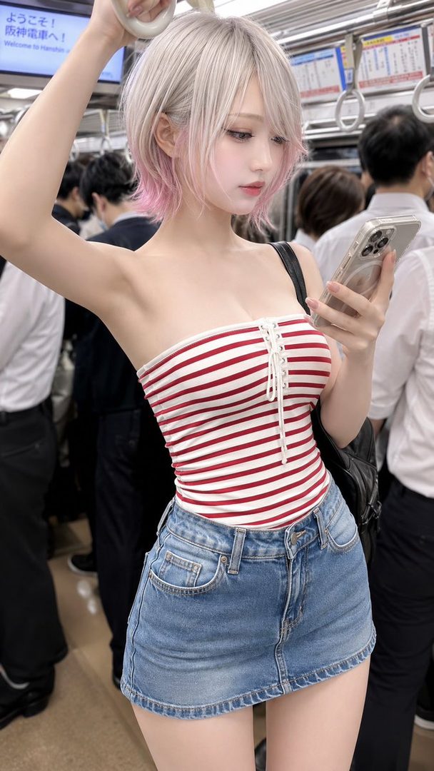 Young woman with short silver-pink hair in a striped tube top and denim skirt standing inside a Japanese train car.
