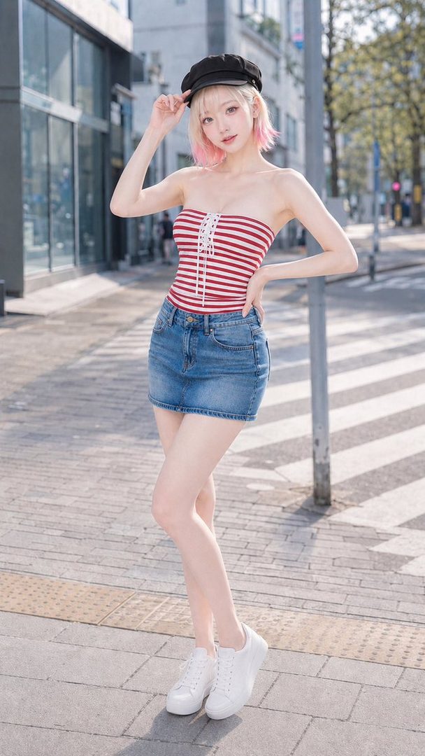 Young woman with pink hair posing in a striped tube top and denim skirt on a sunny city street.