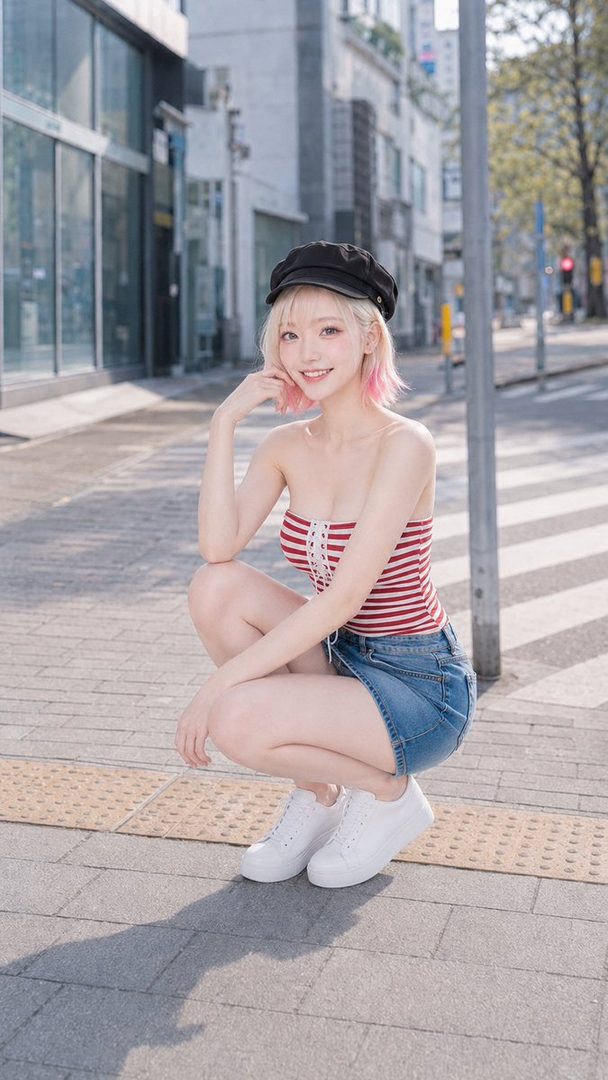 Young woman with pink-tipped blonde hair in a striped tube top and denim skirt posing on an urban sidewalk.