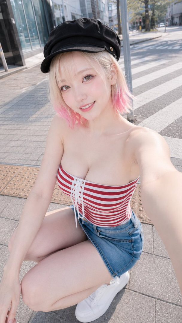 Young woman with pink-tipped blonde hair taking a selfie on a sunny city street while wearing a striped tube top and denim skirt.