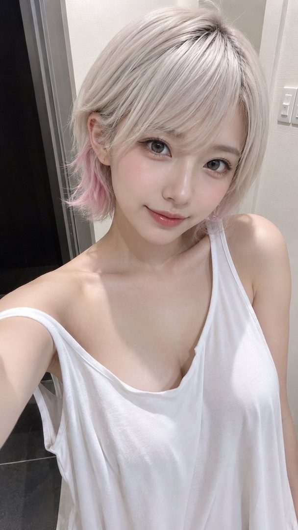 Young woman with short silver hair and pink tips wearing a white tank top takes a close-up selfie indoors.