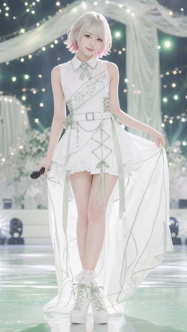 Young woman with short pink-tipped silver hair wearing a white and mint green layered dress with ribbons and chains, posing on a decorated stage while holding a microphone.