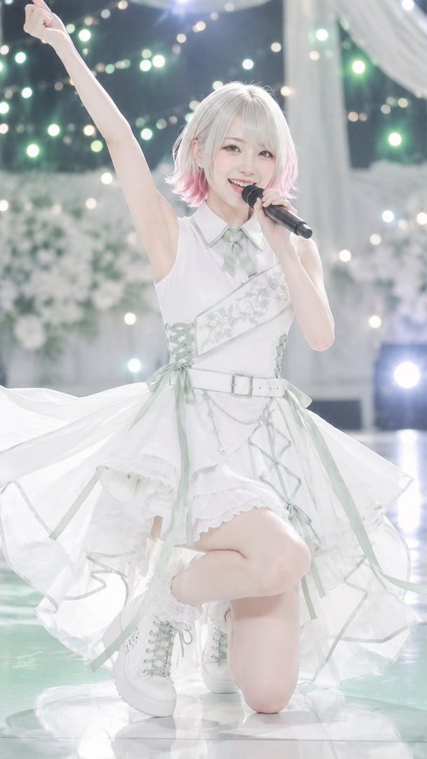 Young woman with short pink-tipped white hair in a frilly white and mint dress kneeling on stage while singing into a microphone.