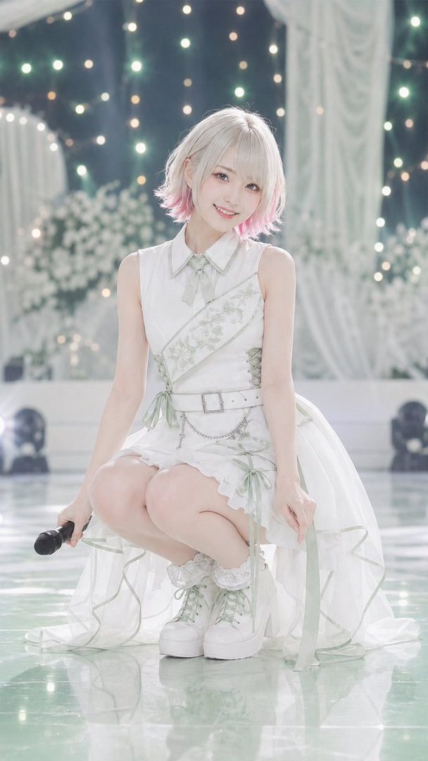 Young woman with short silver-pink hair in a white dress squatting and smiling while holding a microphone in a brightly lit studio.