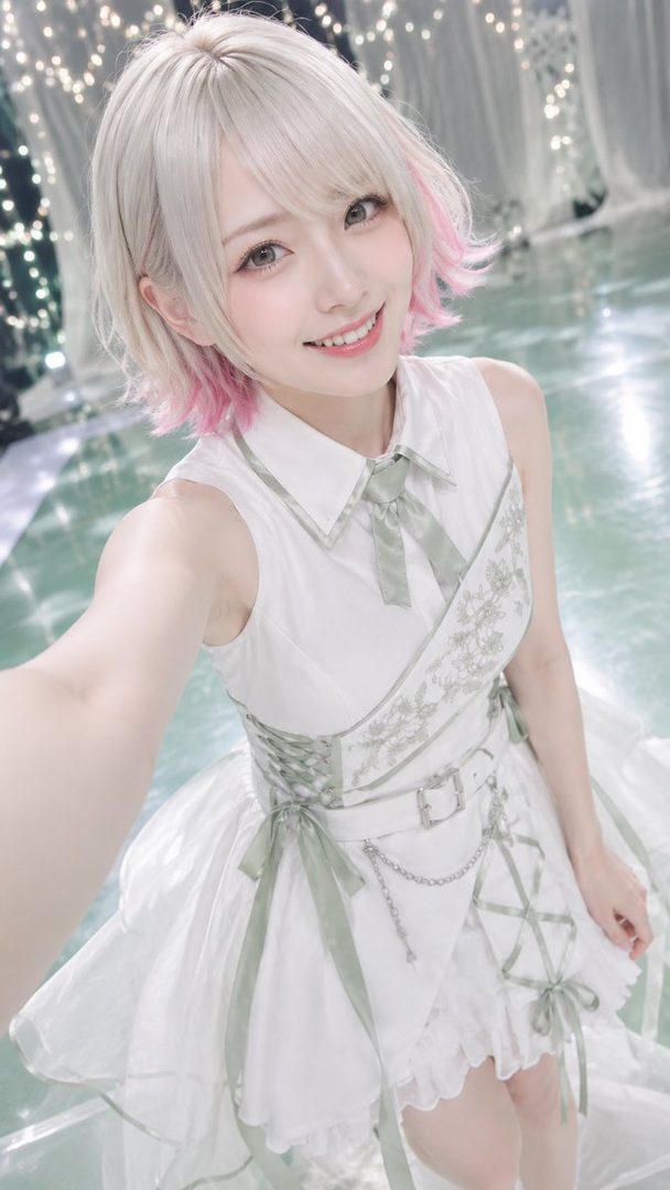 Young woman with short silver-pink hair smiling in a white and sage green dress while taking a selfie indoors.