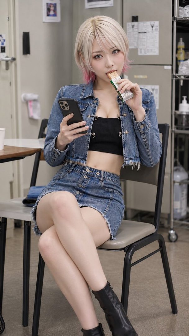 Young woman with short blonde and pink hair in casual denim outfit sitting indoors while checking her phone and eating lunch.