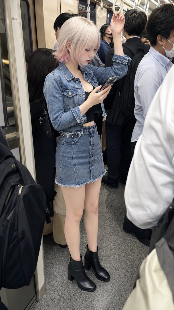 A stylish young woman with short pink hair in a cropped denim jacket and mini skirt checks her phone while standing in a crowded Japanese train.