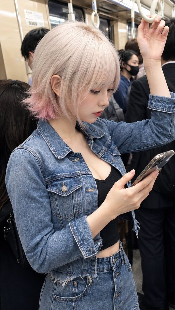 Young woman with pink-tipped blonde bob hair checking her smartphone inside a train car.