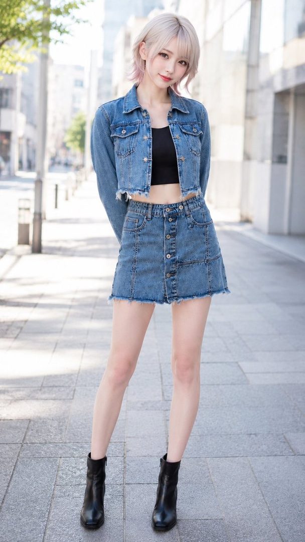 Young woman with silver hair wearing a cropped denim jacket and mini skirt posing confidently on an urban sidewalk.