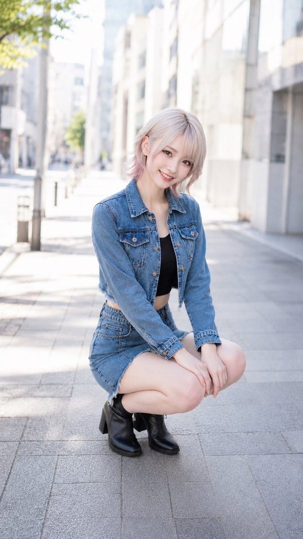 A young woman with short silver-pink hair in a cropped denim jacket and skirt squats smiling on a sunny city sidewalk.