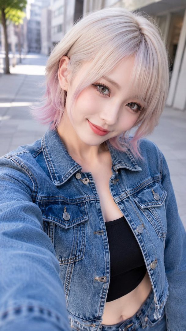 Young woman with short silver-pink bob hair taking a smiling selfie on a sunny city street while wearing a cropped denim jacket over a black crop top.