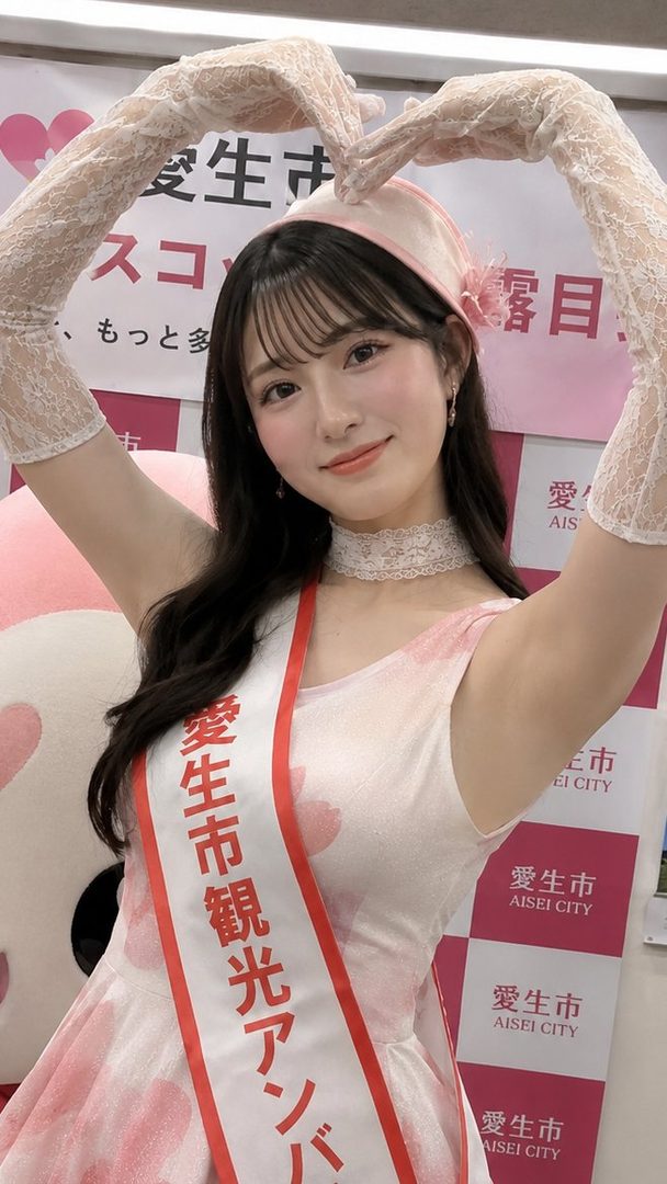Young Japanese woman in pink heart-patterned dress and nurse cap forming a heart pose as city tourism ambassador.