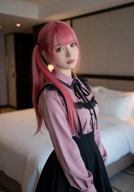 Young woman with long pink ponytail hair wearing a pink blouse with black lace details and a black skirt, posing in a modern bedroom setting.