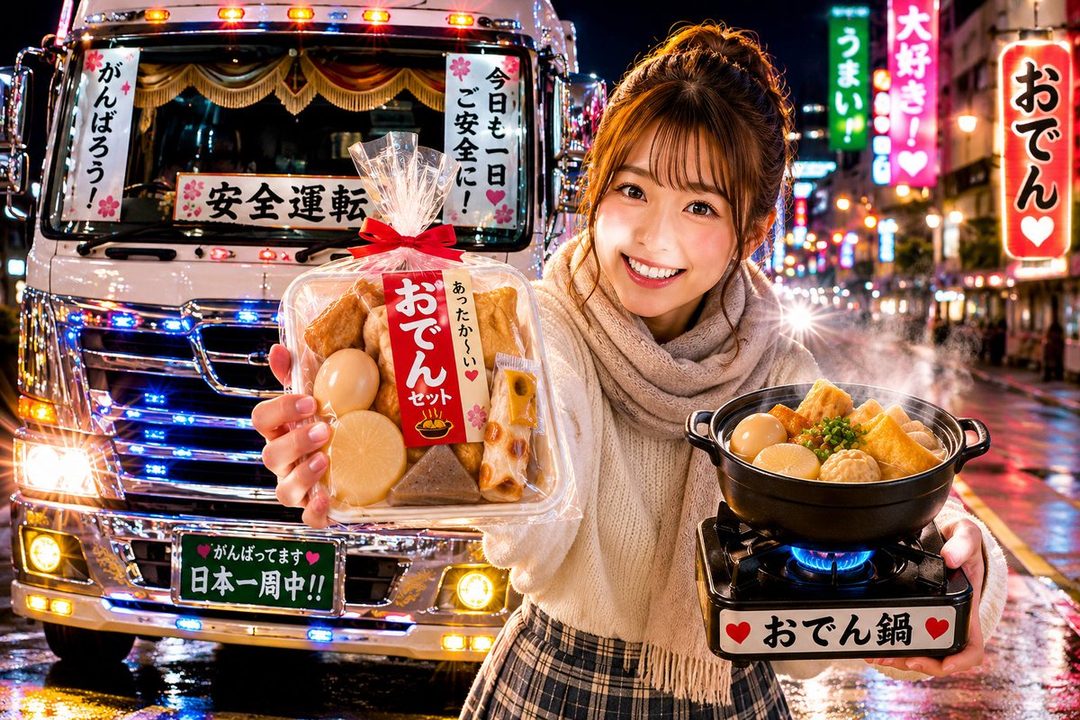 Smiling young Japanese woman in a cozy sweater holding packaged oden and a steaming hot pot in front of a decorated truck on a neon-lit city street at night.