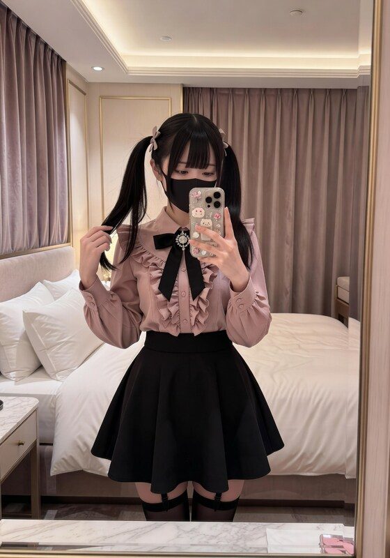 Young woman in pigtails taking a mirror selfie in a hotel bedroom wearing a pink ruffled blouse and black skirt.