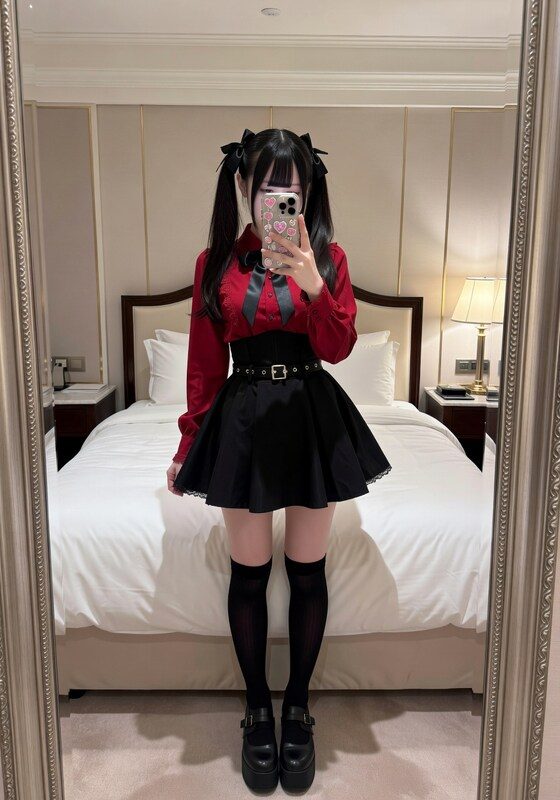 Young woman with black pigtails wearing a red blouse and black skirt taking a mirror selfie in a luxurious bedroom.