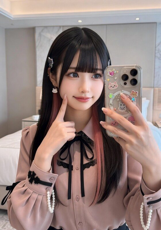 Young woman with long black hair and pink highlights taking a cute selfie in a modern bedroom while wearing a pink blouse with black lace details.